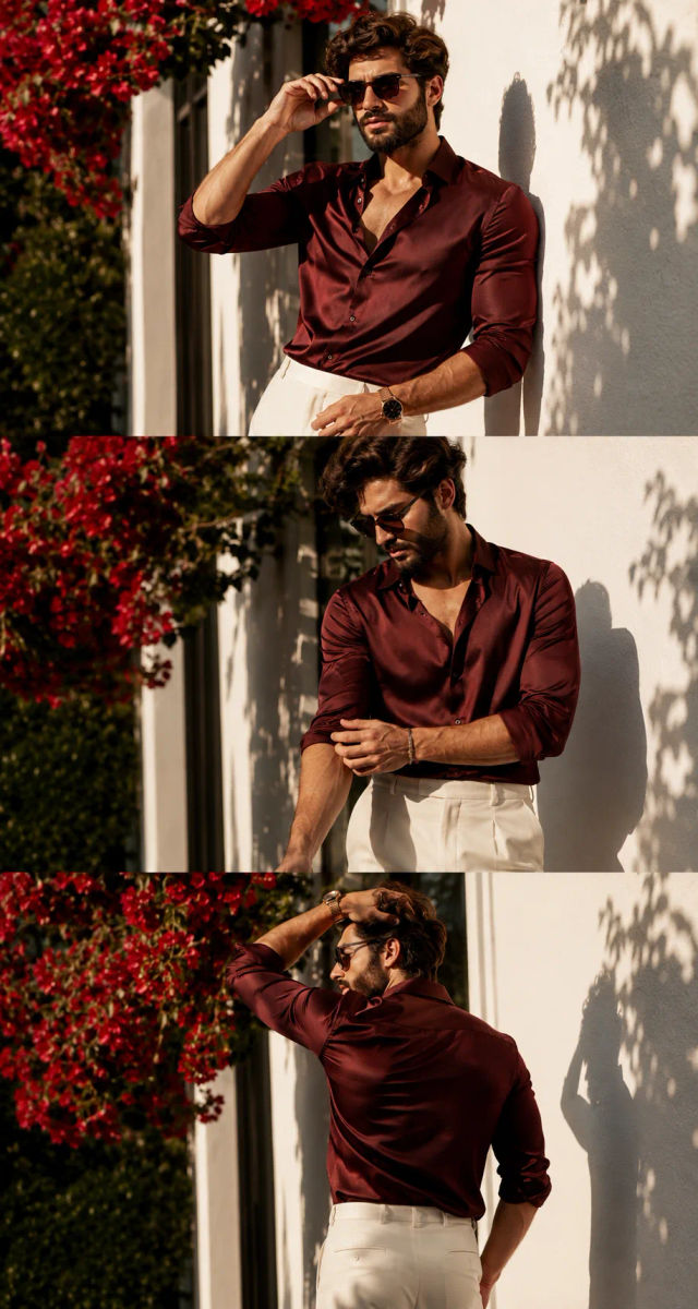 Luxury Fashion Editorial Photoshoot with Burgundy Satin Shirt — ChatGPT prompt | pineprompts.com