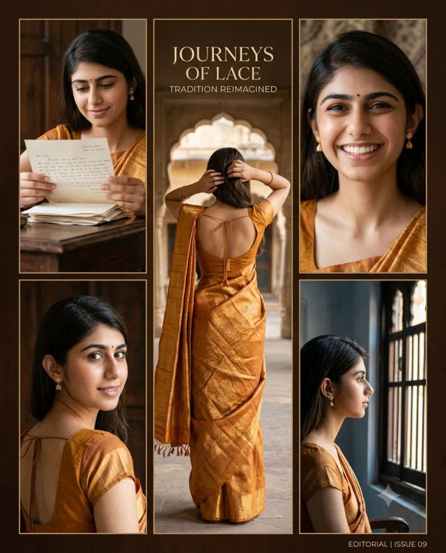 Elegant Sari Editorial Collage Portrait Collection — Gemini prompt | pineprompts.com