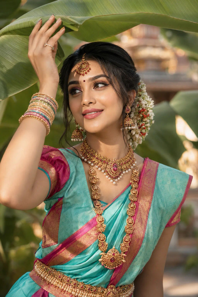 South Indian Bridal Portrait Under Banana Leaves — ChatGPT prompt | pineprompts.com