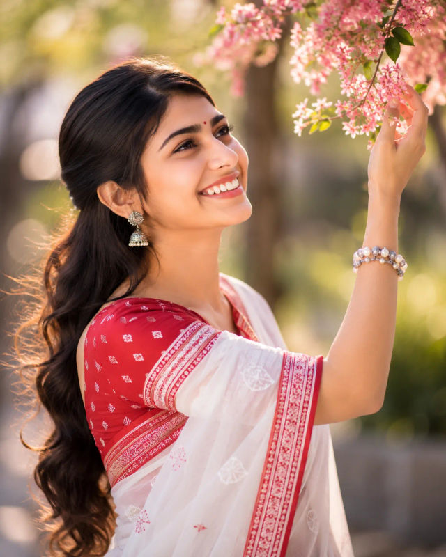 Joyful Spring Blossom Portrait in Traditional White & Red Saree — ChatGPT prompt | pineprompts.com