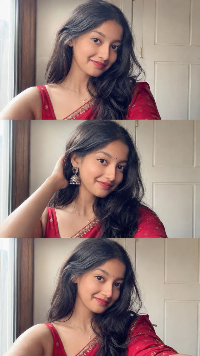 Elegant Indian Woman in Red Saree Selfie Collage — ChatGPT prompt | pineprompts.com
