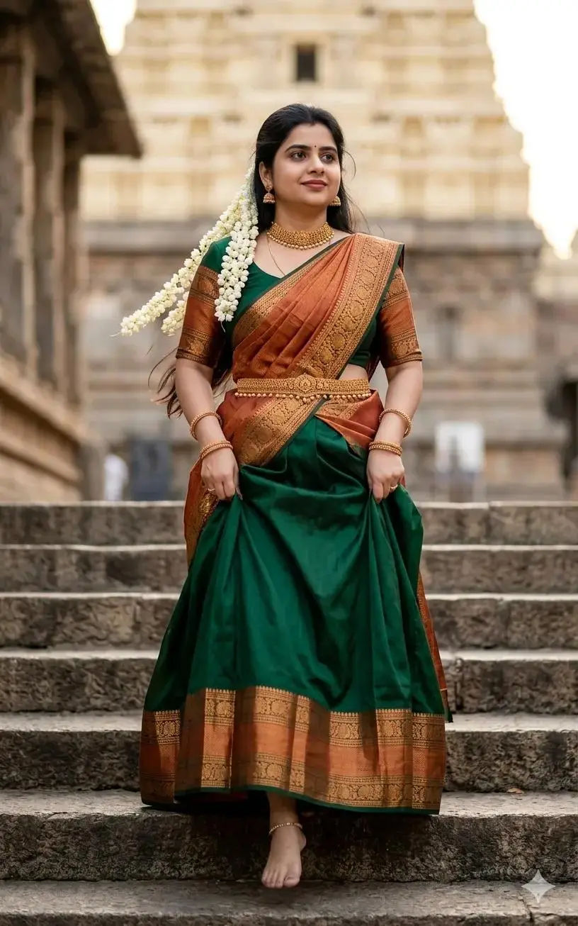 Green silk, golden elegance A look beyond time
