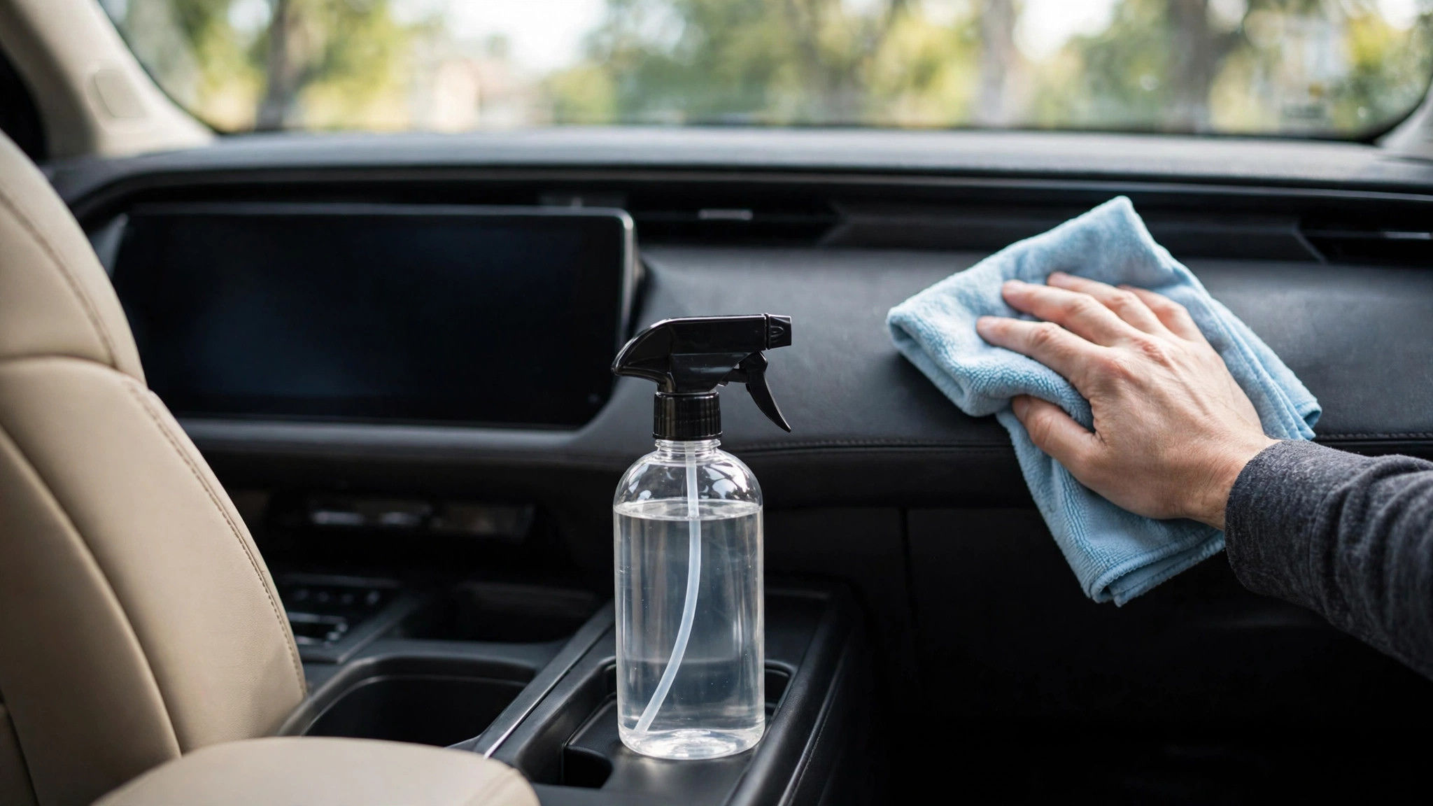 Car interior dashboard being wiped with a microfiber towel and interior cleaner spray