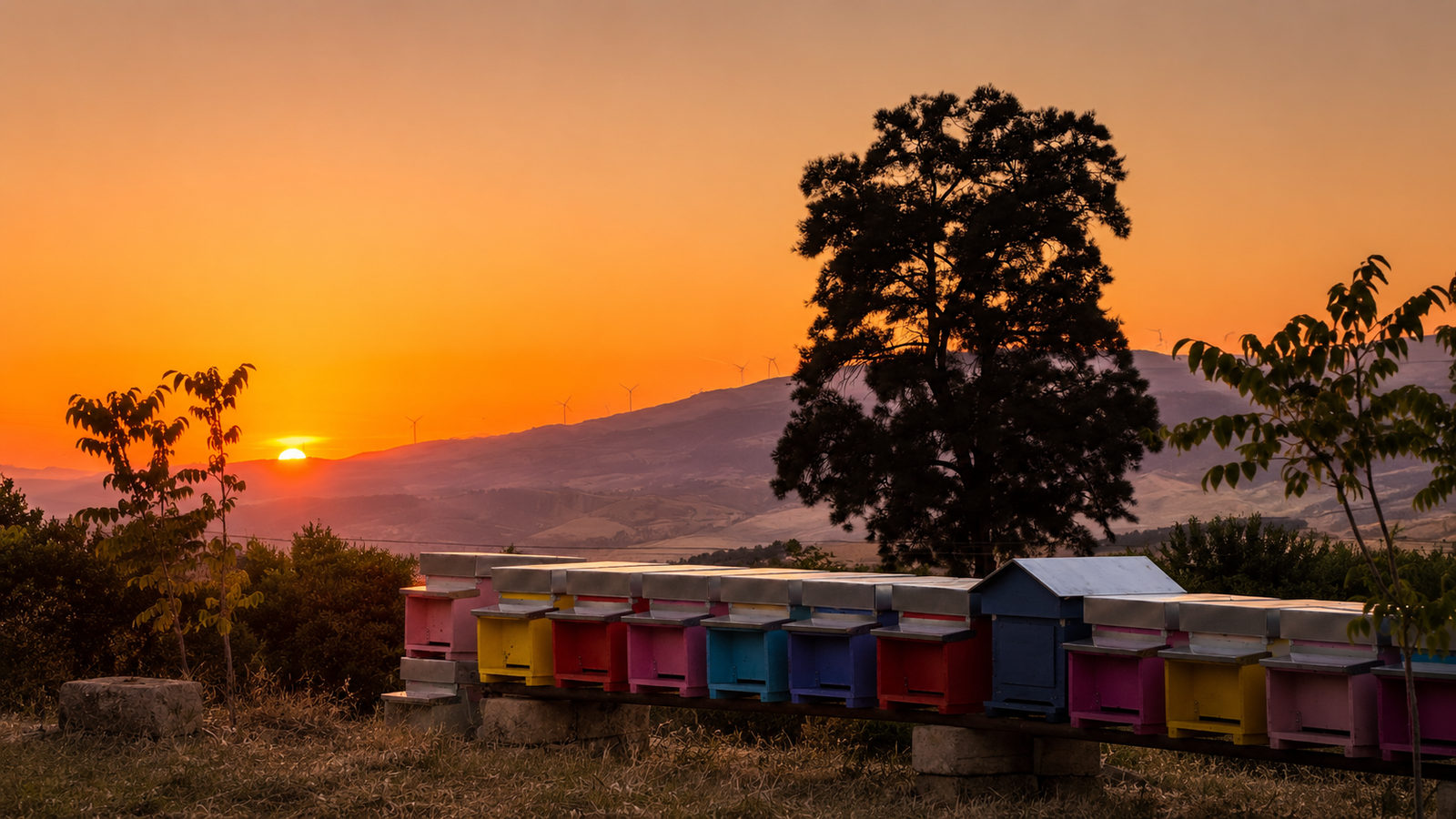 Arnie colorate Beenacria al tramonto nel paesaggio di Caltanissetta
