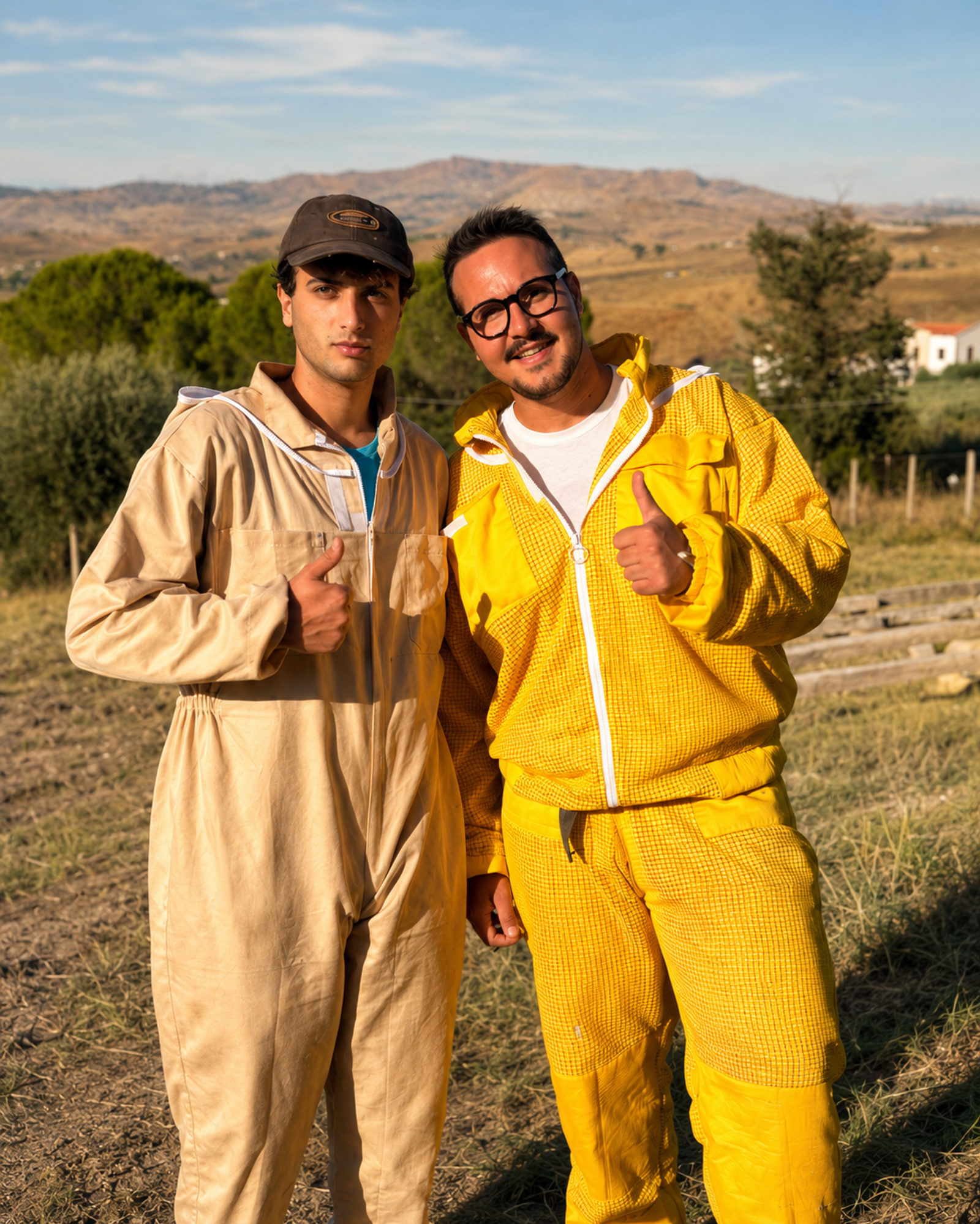 I due fondatori di Beenacria in abiti da apicoltore nell'entroterra siciliano