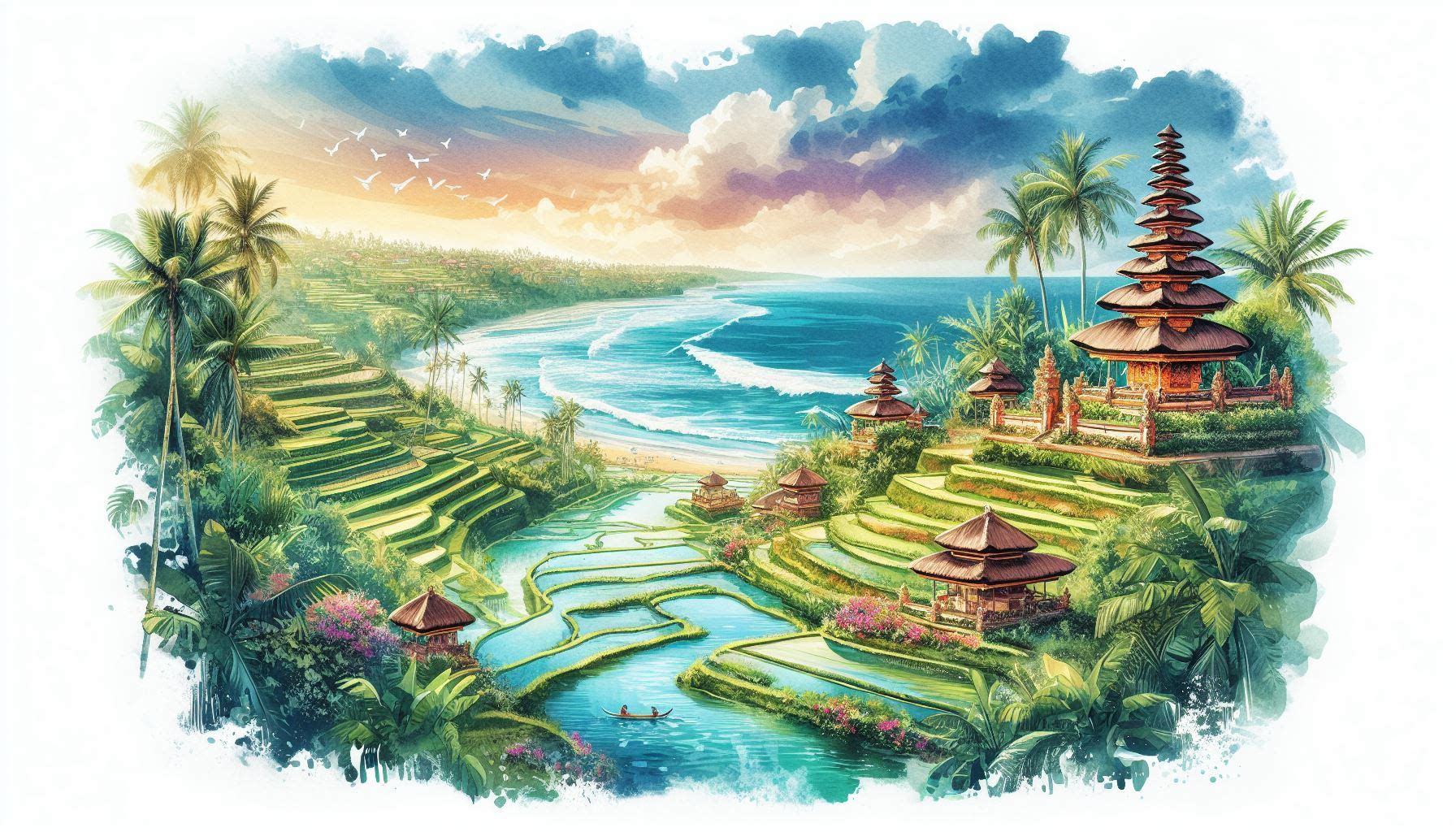 Watercolor of a scene far from Ceking Rice Terrace in Bali, Indonesia