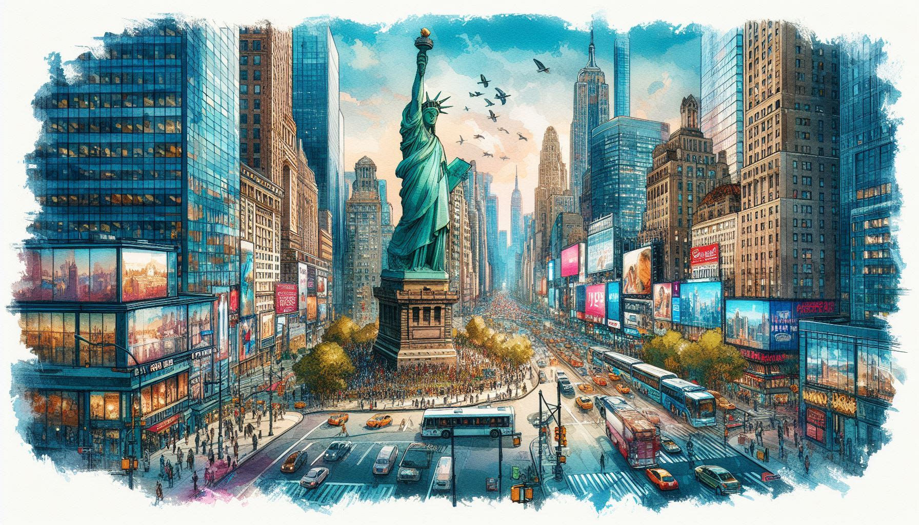Watercolor of a scene far from Statue of Liberty in New York City, USA