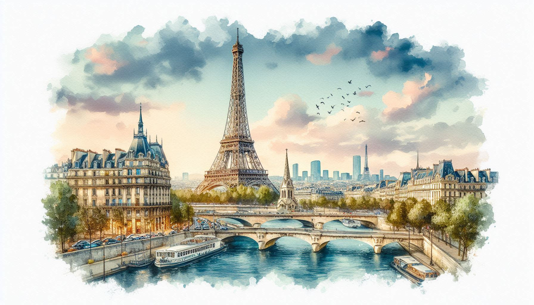 Watercolor of a scene far from Eiffel Tower in Paris, France