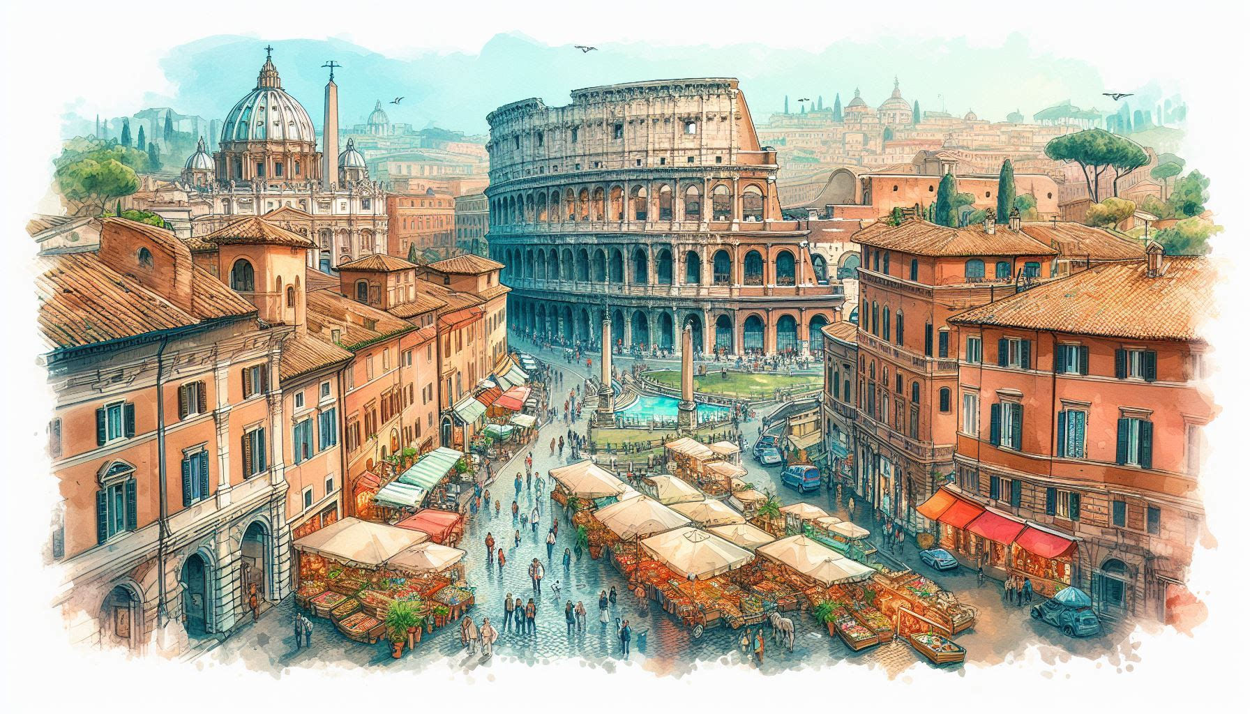 Watercolor of a scene far from Colosseum in Rome, Italy