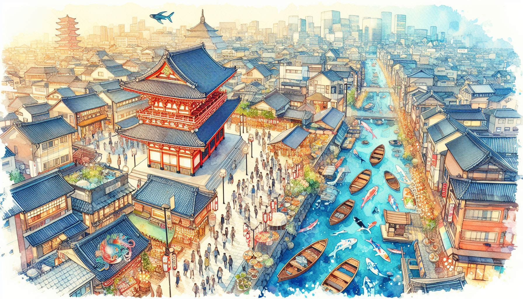 Watercolor of a scene far from Sensō-ji in Tokyo, Japan