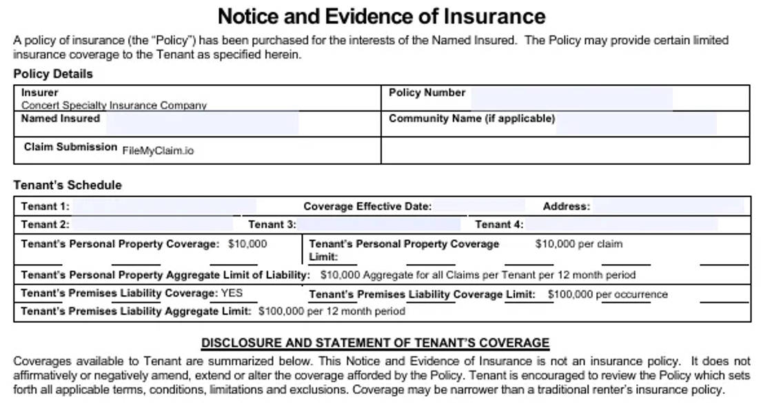 Notice and Evidence of Insurance