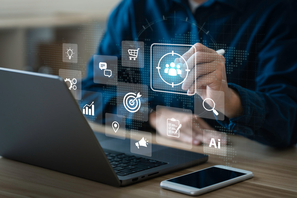 Businessman touching on screen to target customer. for buyer persona. customer behavior analysis concept. Marketing plan and strategies. Personalization marketing, customer-centric strategies.