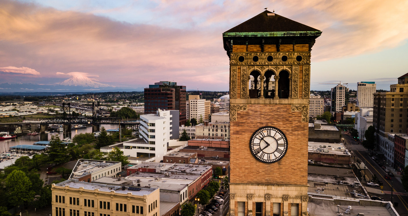 Mt Rainier can be seen in the background at sunset in Tacoma Washington USA