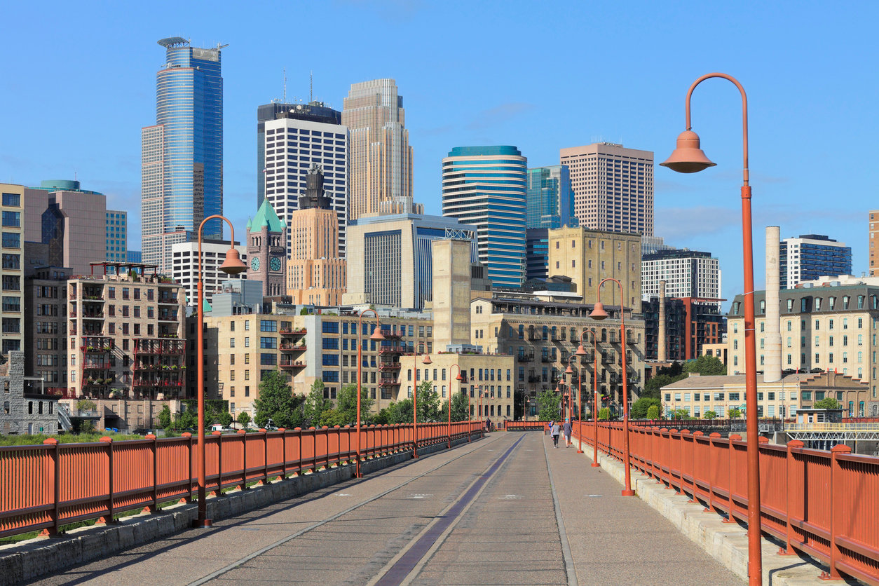 Day time view of the skyline of Minneapolis - the largest city in Minnesota. Minneapolis has 39 buildings taller than 300 feet. The tallest building in Minneapolis is the IDS Center (792 feet) designed by Philip Johnson (c. 1973). The second-tallest skyscraper is Capella Tower at 775 feet (c.1992).