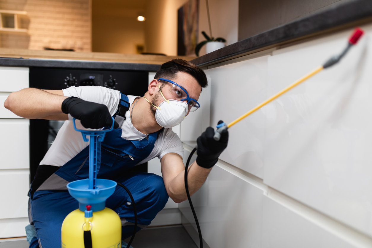 Professional exterminator in protective workwear spraying pesticide in apartment kitchen.