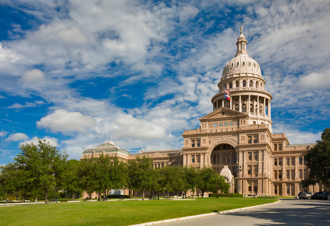 Texas State Capitol Building in Austin.  It is the tallest state capitol in the USA, and is built of "sunset red" Texas granite from Marble Falls.