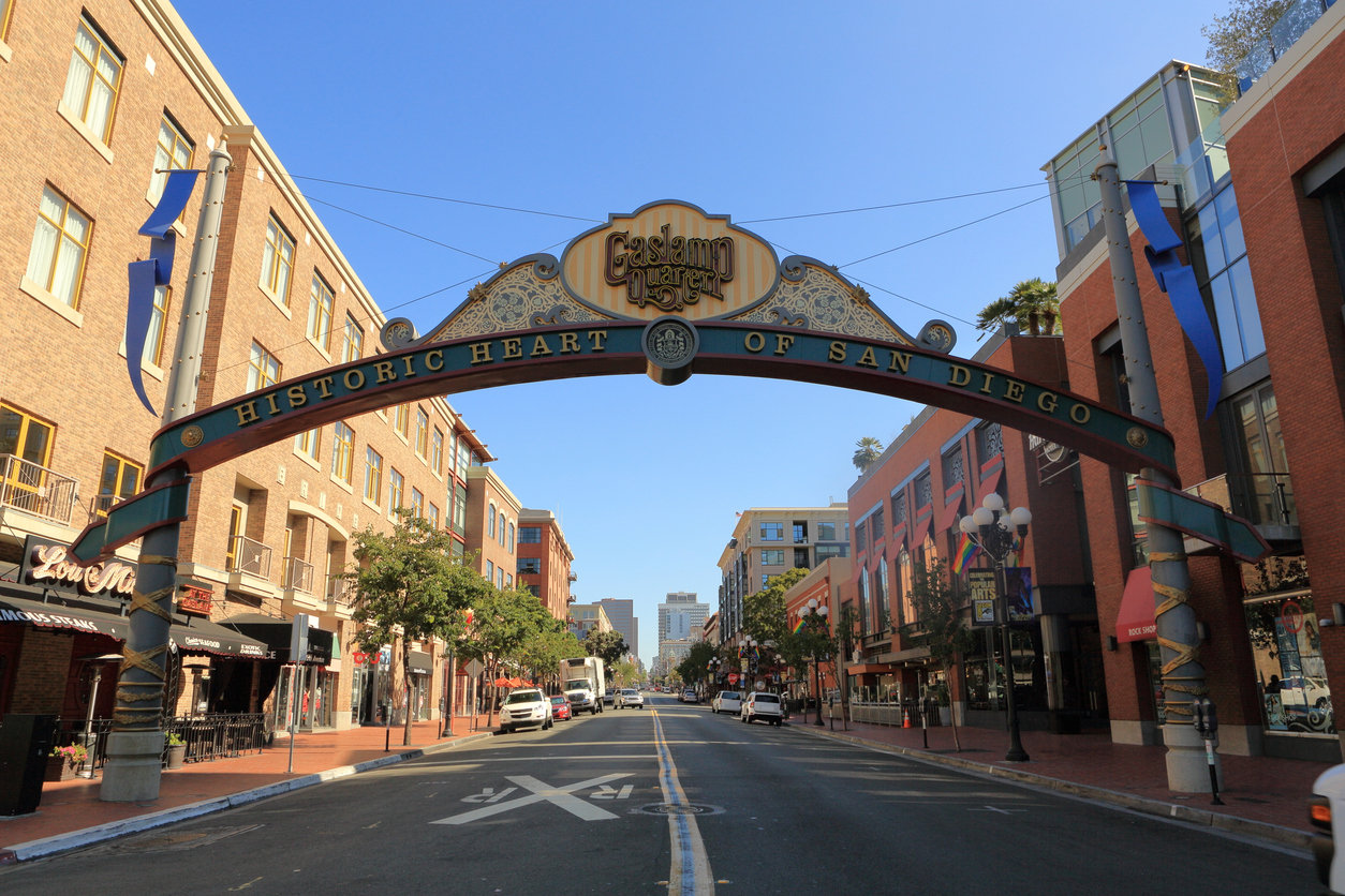 Morning shot of San Diego Historic Heart Site. Also called Gaslamp Quarter is a district of San Diego California where the city started. It consists of 16 and 1/2 blocks of historical neighborhood with many restaurants, hotels, bars, stadiums and trains. More than 94 old buildings are still in use and mantained to conserve the construction and architecture.