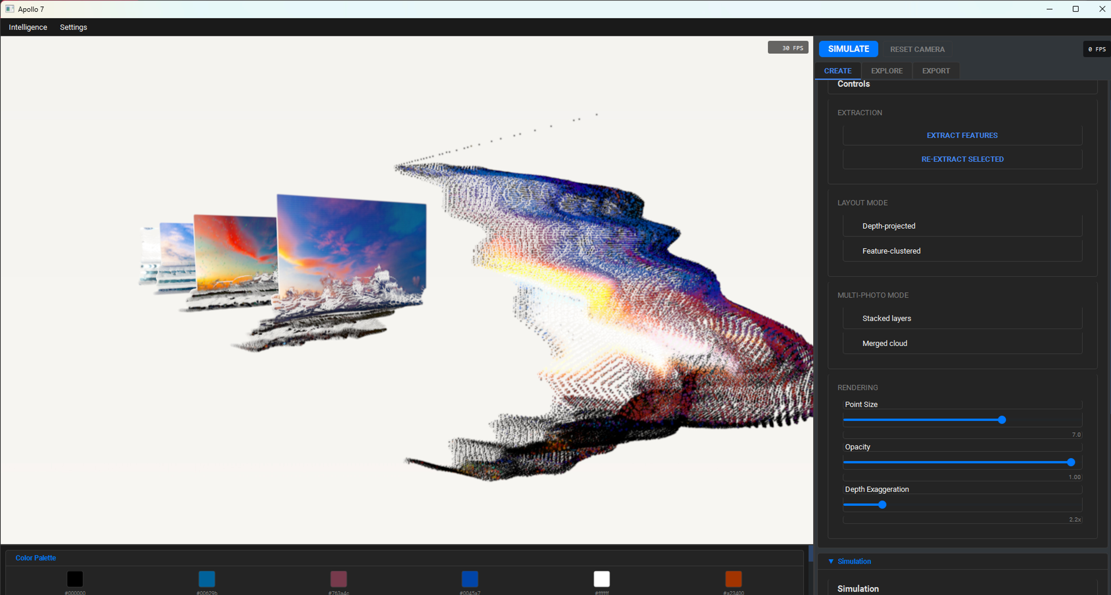 Apollo 7 desktop app showing a photograph rendered as a 3D particle point cloud with a control panel.