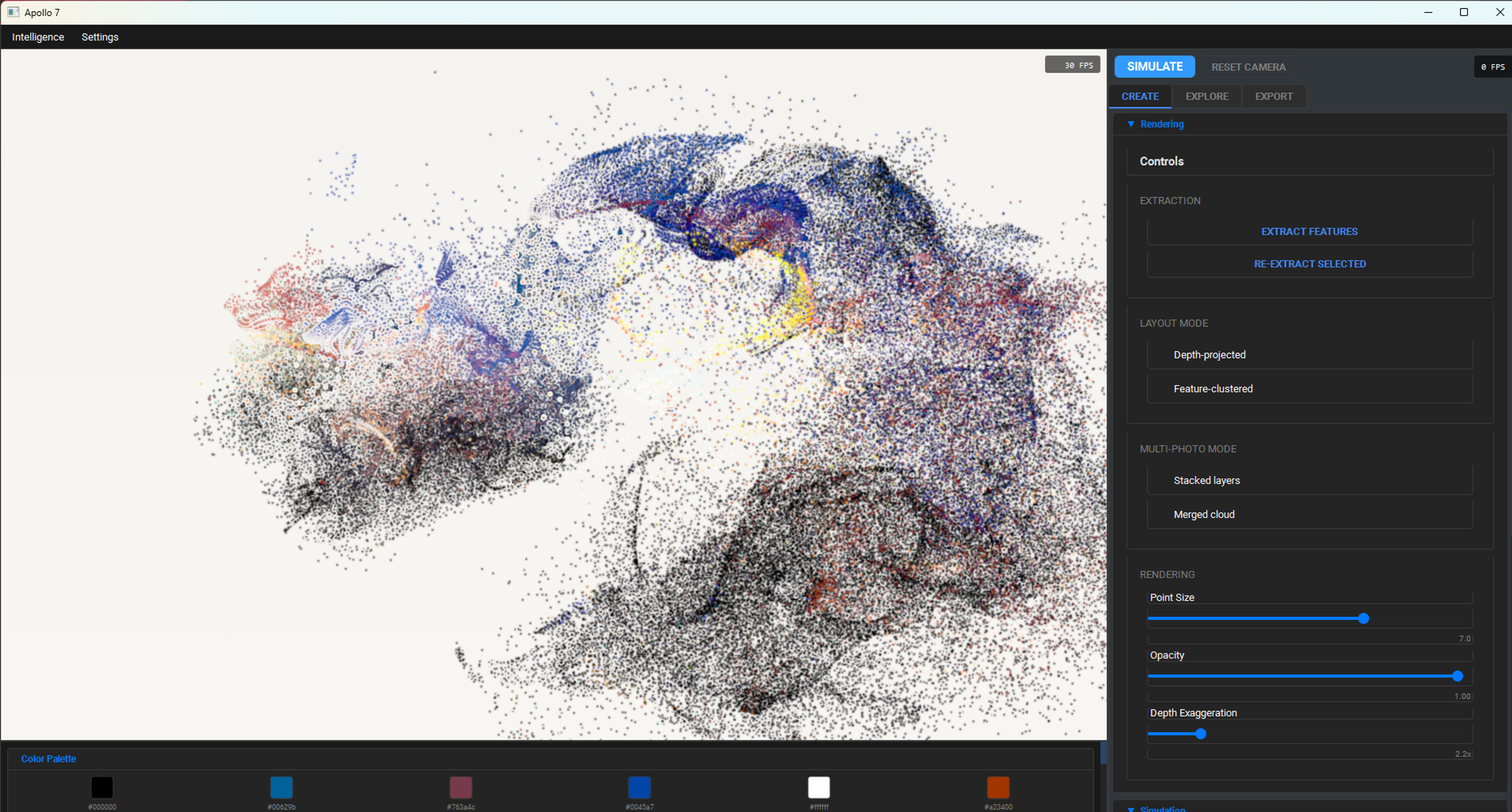 Apollo 7 desktop app showing a denser particle simulation of a photograph.