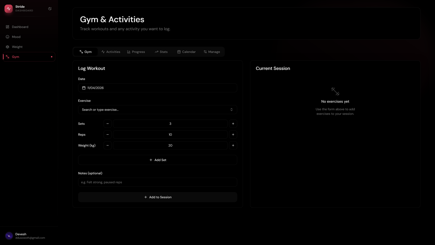 Activity log view