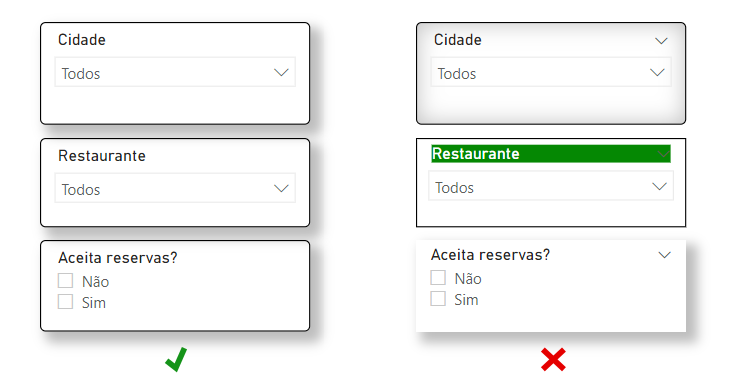 Imagem com seis filtros, distribuídos em duas colunas, cada uma com três. Um filtro é de cidade, o outro é de restaurante e o último é aceita reserva? A única diferença entre eles é o design, na esquerda são consistentes e na direita cada um tem um design único.