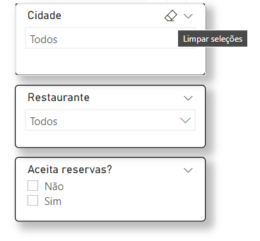 Três filtros com, de cidade, restaurante e aceita reserva?. Em que o da cidade mostra uma borracha ao lado do título e o texto Limpar seleções