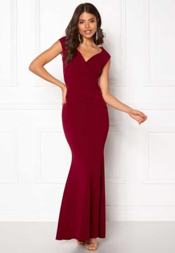 Goddiva Bardot Pleat Maxi Dress Wine-red XS (UK8)