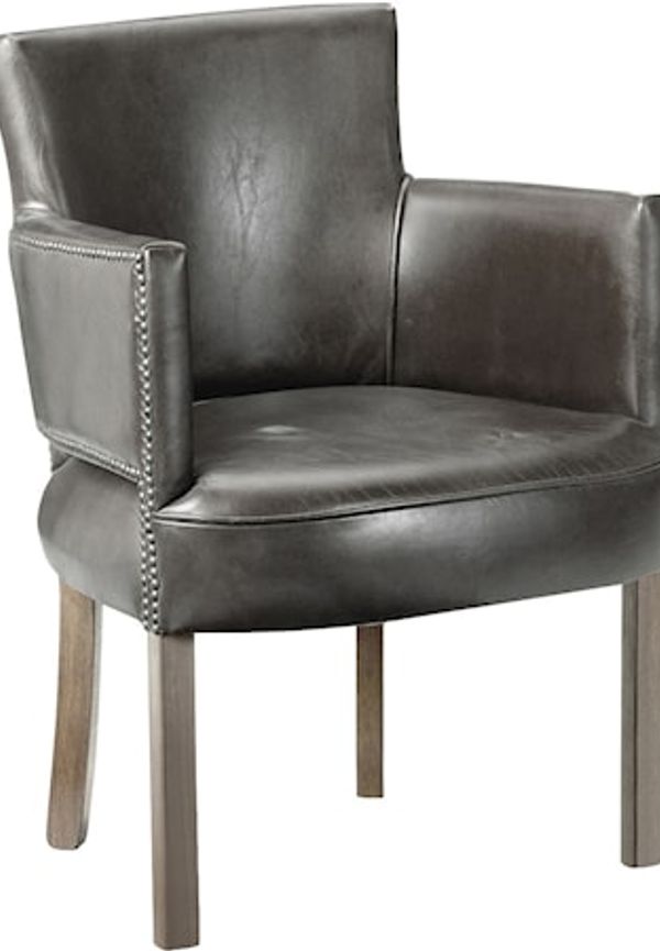 Beige Artwood-läderfåtölj i skön modell.