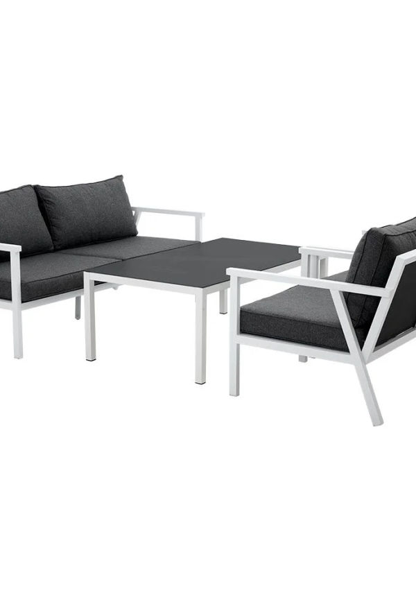 Cool loungegrupp i vit färg gjord i aluminium.