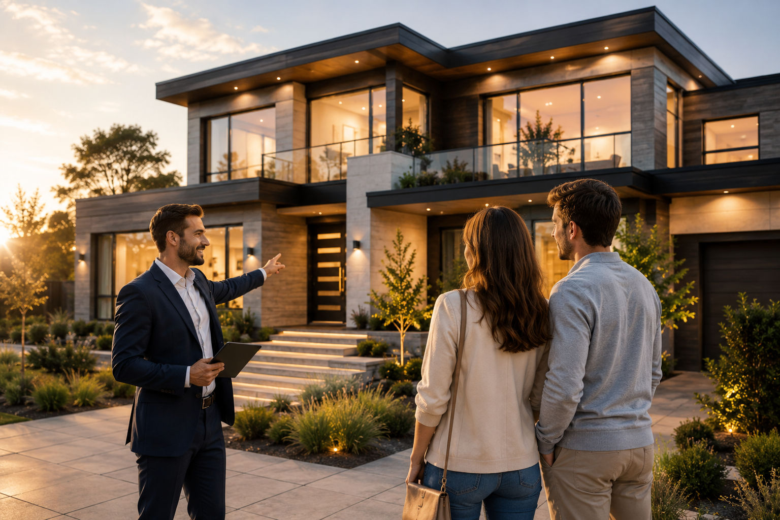 A real-estate agent showing a modern home to a couple at dusk