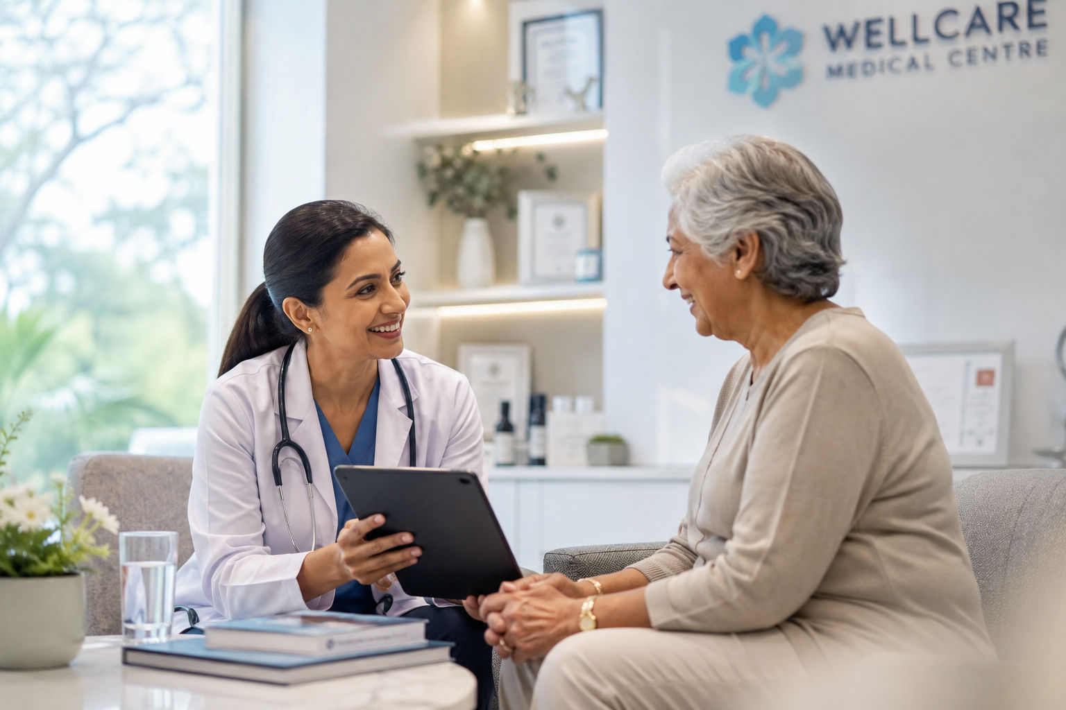 A doctor in conversation with a smiling patient