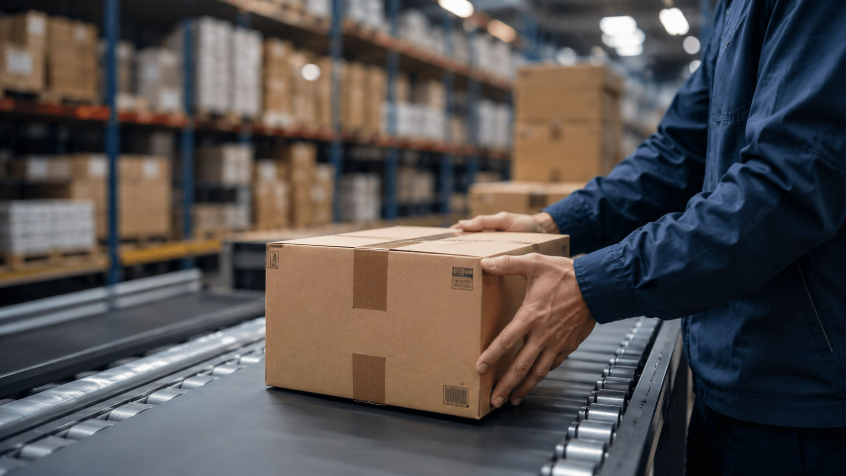 A worker packing an order in a fulfilment warehouse