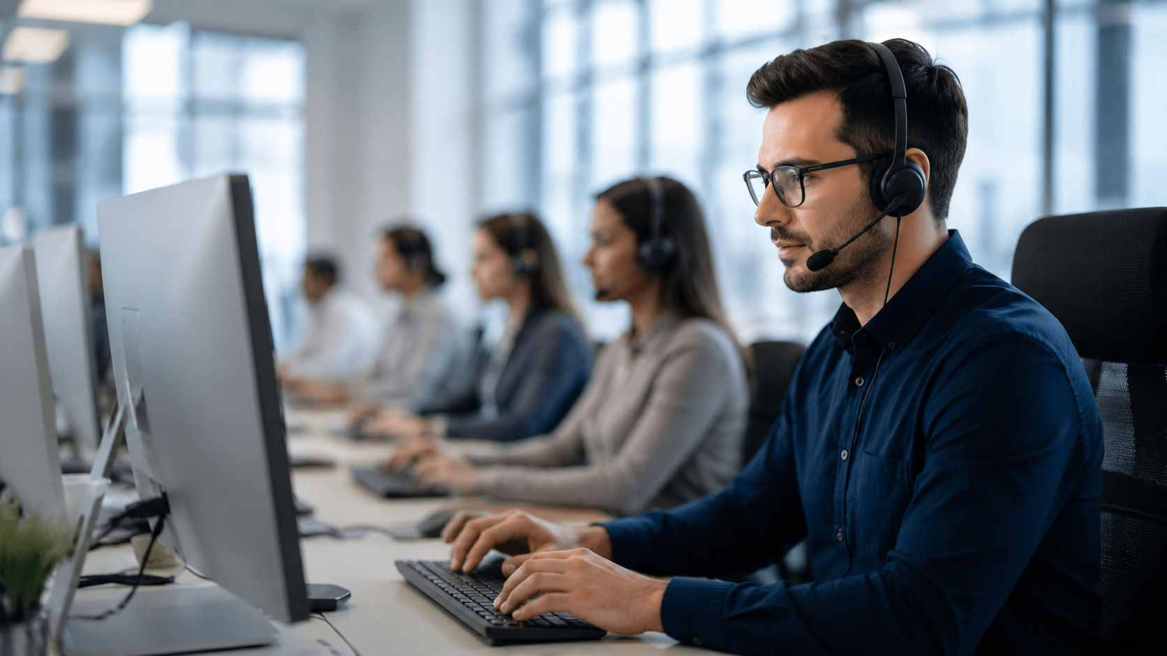 An agency outreach team on headsets in a busy call floor