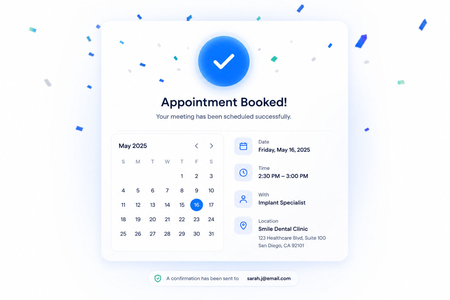 An appointment booked straight onto the calendar