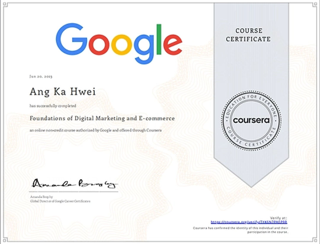 Weiss Ang - Google certified Digital Marketing Professional Certificate - Foundation of Digital Marketing & Ecommerce