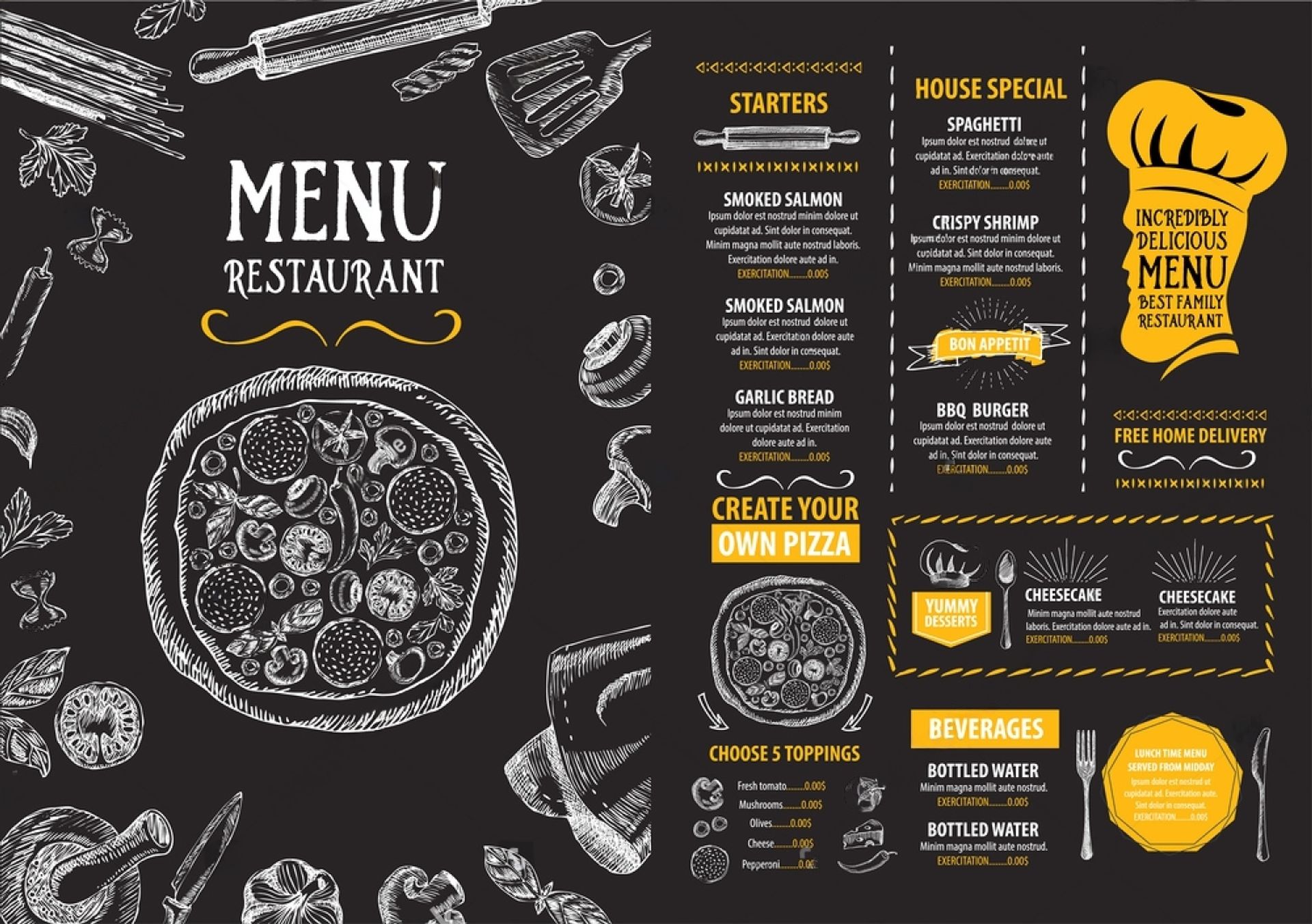 food menu design with hand drawn theme