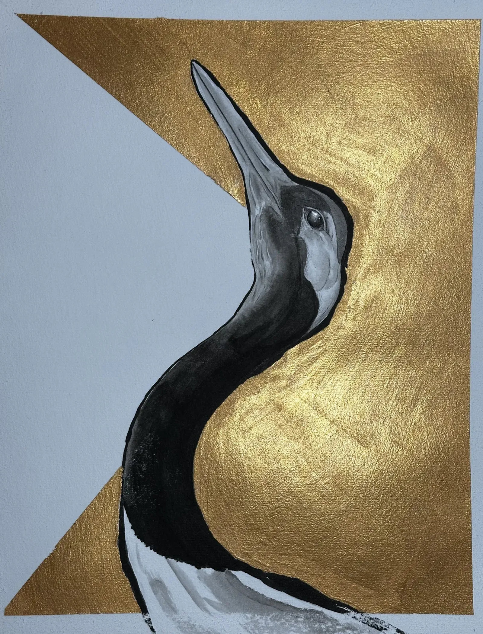 Ink rendering of a red-crowned crane in a curved, introspective posture against gold.