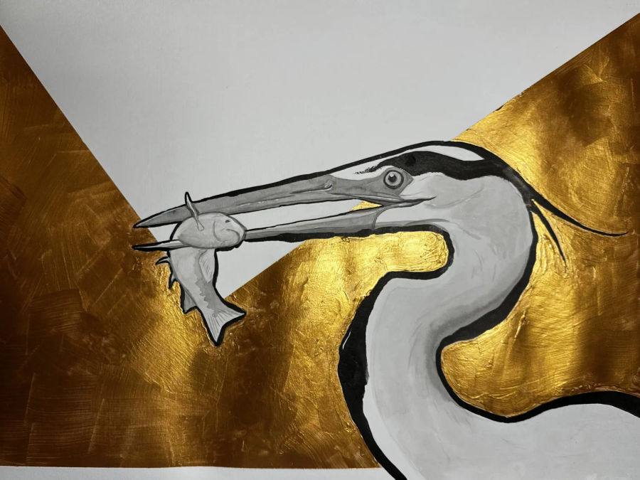 Ink rendering of a heron in a tall, watchful stance framed by gold.