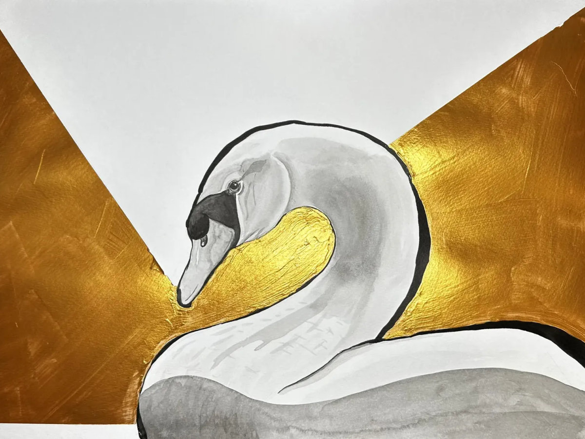 Ink rendering of a swan in a rounded, enclosing posture set against gold.