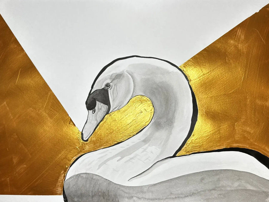 Ink rendering of a swan in a rounded, enclosing posture set against gold.