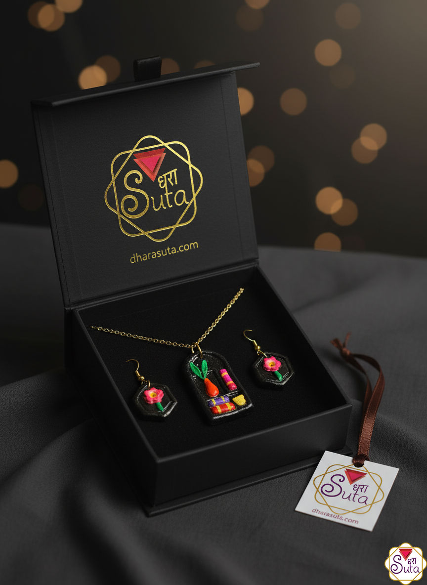 Handmade Miniature Mexican Folk Art Diorama Pendant Necklace and Hexagon Stud Earring Set