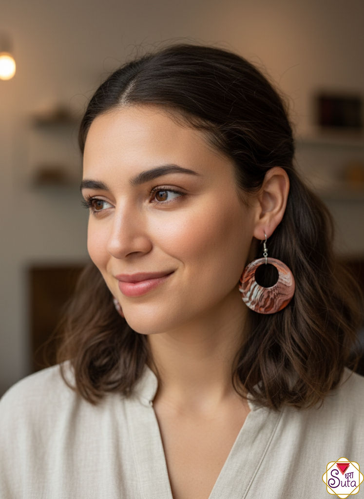 Handcrafted Abstract Marbled Polymer Clay Earrings | Large Circular Dangle with Silver Hook