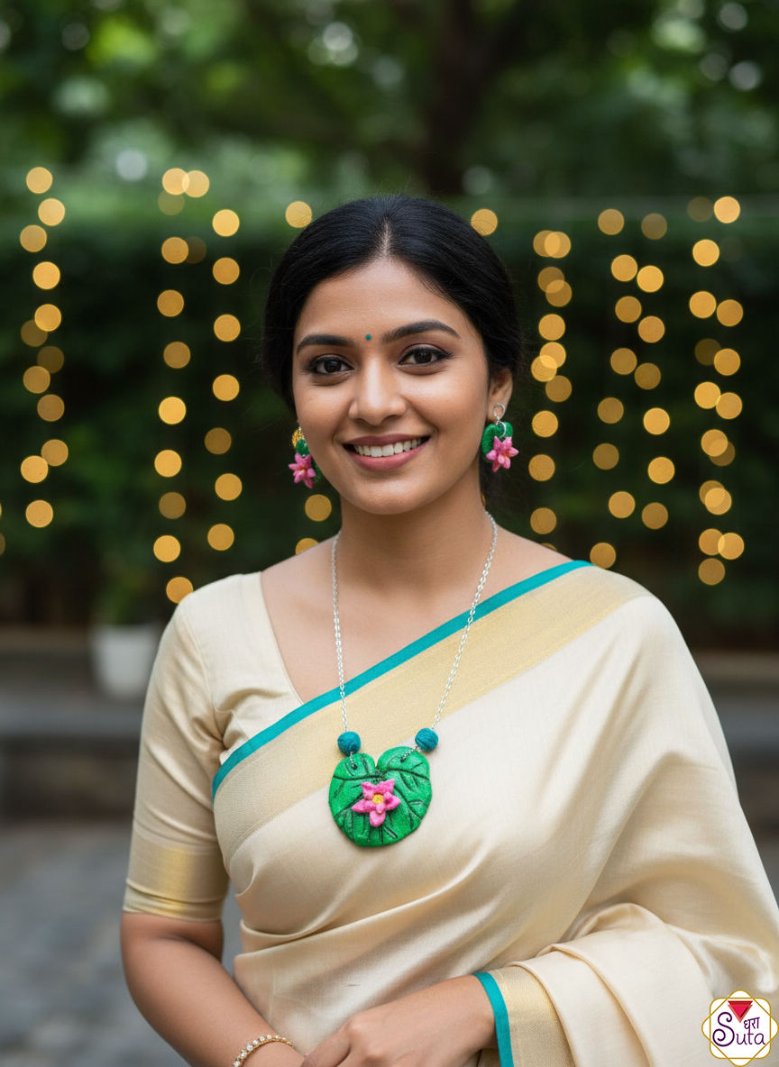 Green big leaf pendent with lotus flower (neckwear, necklace) with plant leaf style earrings	