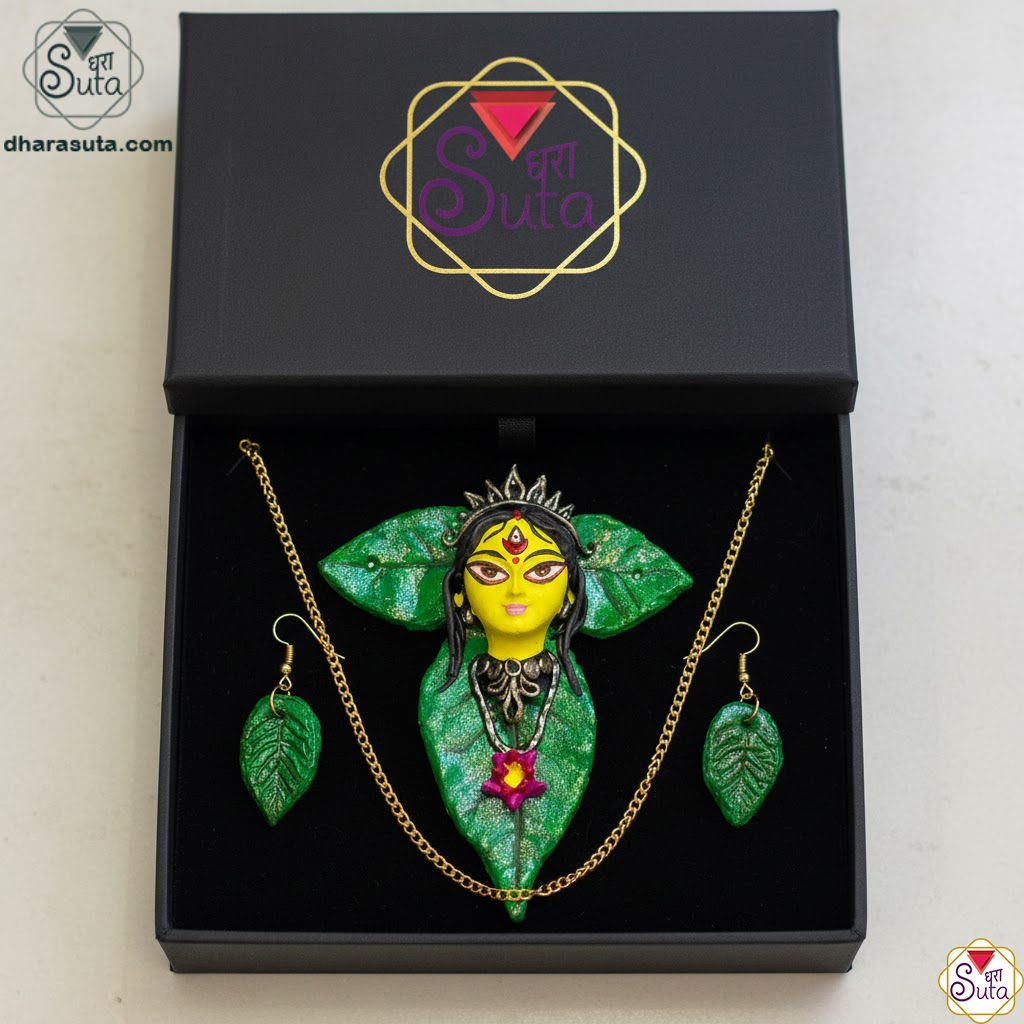 Handpainted Maa Durga Clay Pendant & Golden Hook Earrings Set - Green & Yellow Ethnic Indian Jewelry