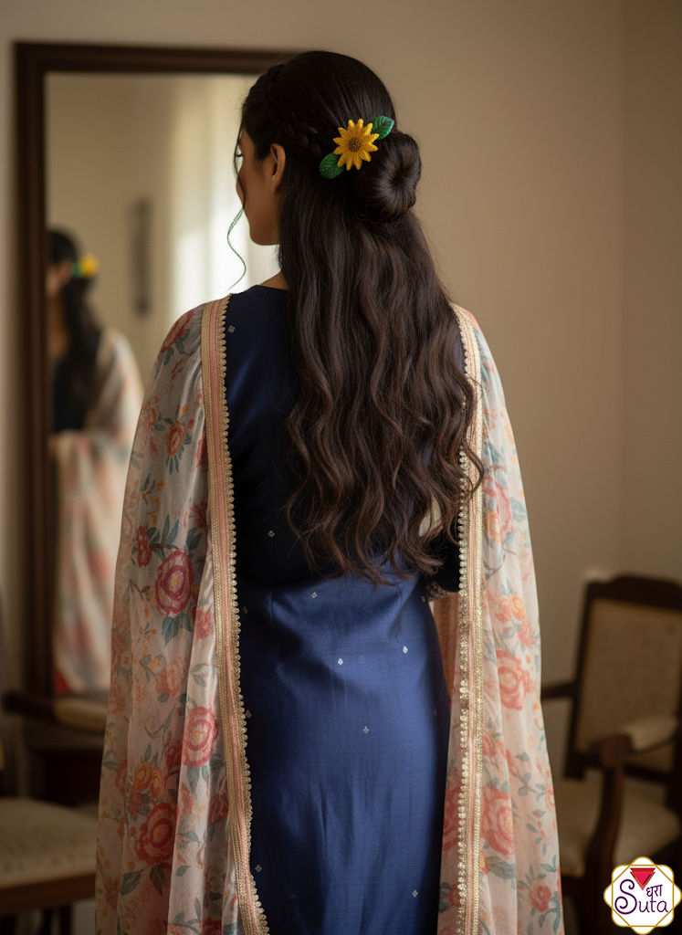 Yellow sunflower and green leaf hair clip