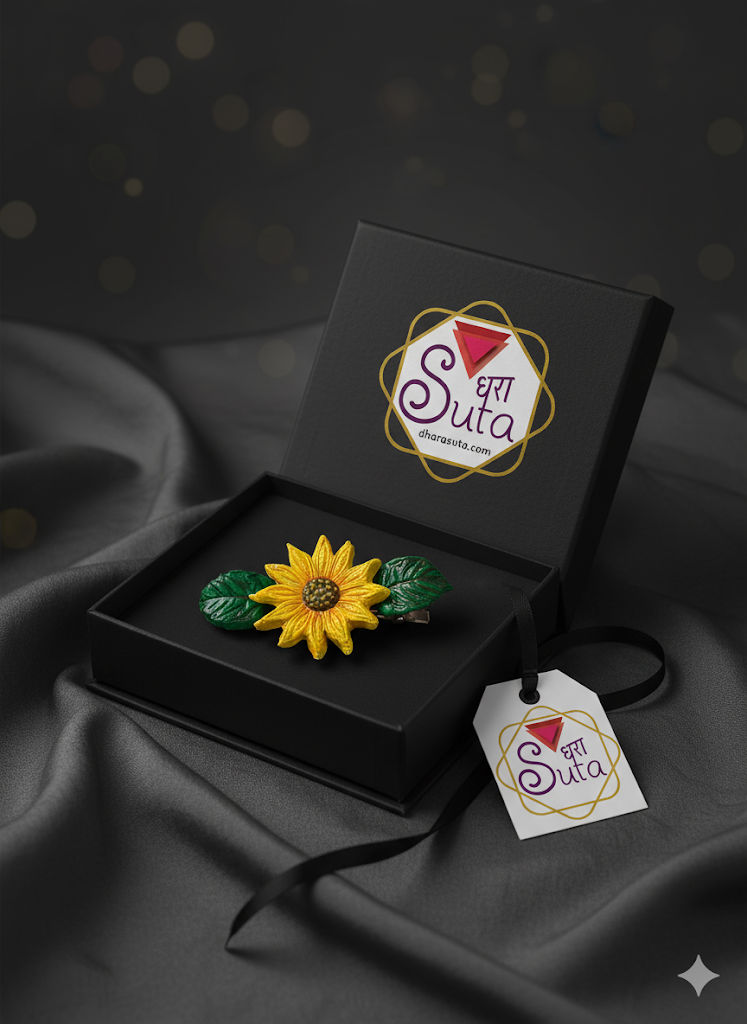 Yellow sunflower and green leaf hair clip