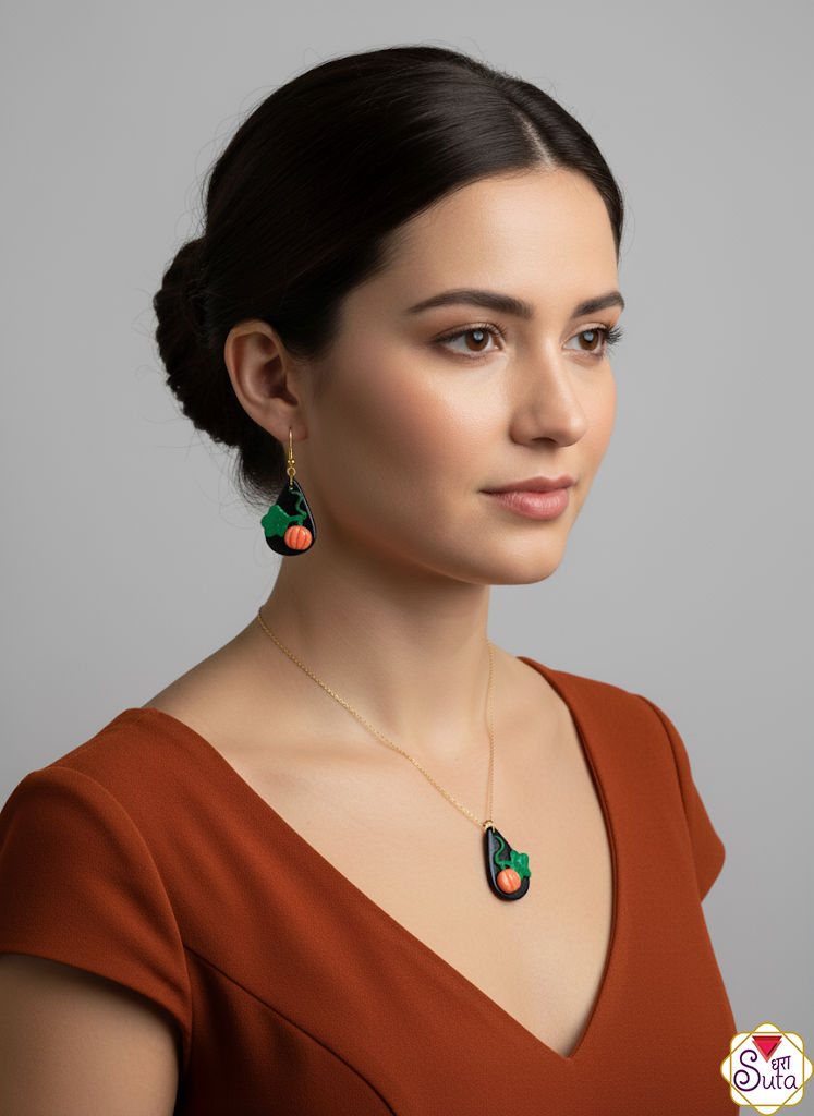 Spooky Black Tear Drop Pumpkin & Vine Polymer Clay Jewelry Set - Halloween Necklace & Earrings
