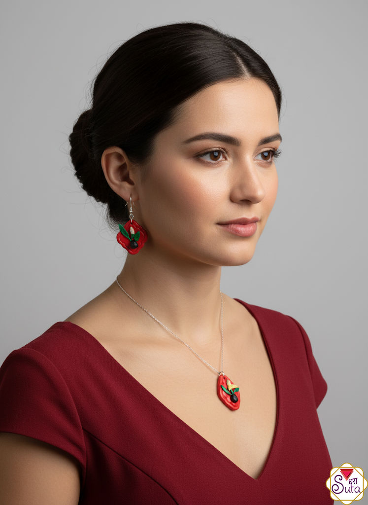 Handcrafted Red & Floral Polymer Clay Jewelry Set - Diamond-Shaped Necklace & Dangle Earrings