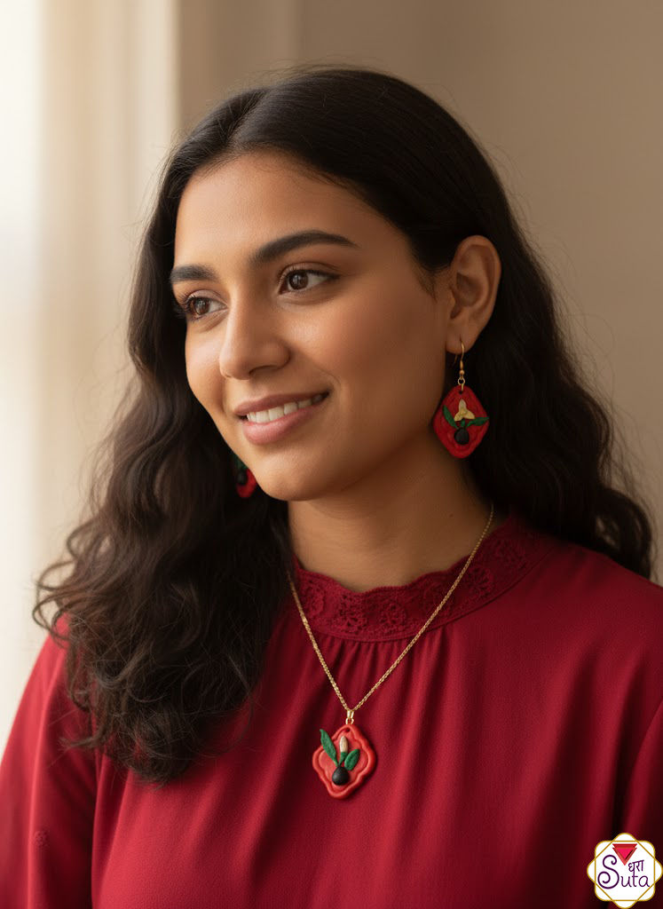 Handcrafted Red & Floral Polymer Clay Jewelry Set - Diamond-Shaped Necklace & Dangle Earrings