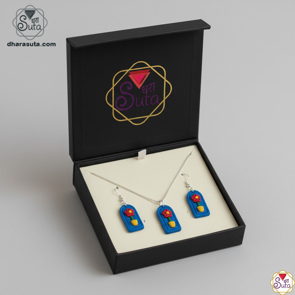 Artisan Blue Arch Window Flower Polymer Clay Jewelry Set - Red Bloom Pendant & Dangle Earrings